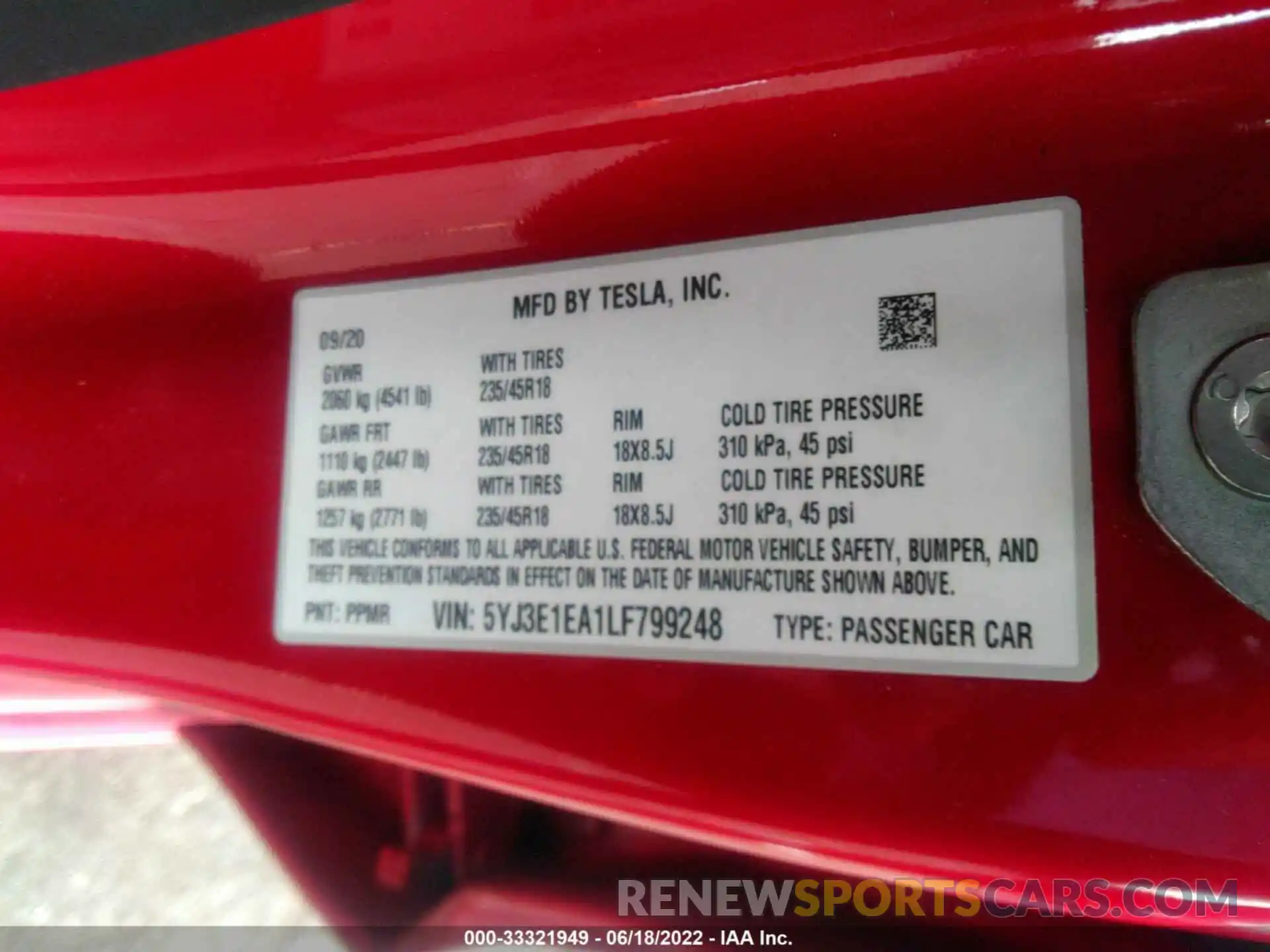 9 Фотография поврежденного автомобиля 5YJ3E1EA1LF799248 TESLA MODEL 3 2020