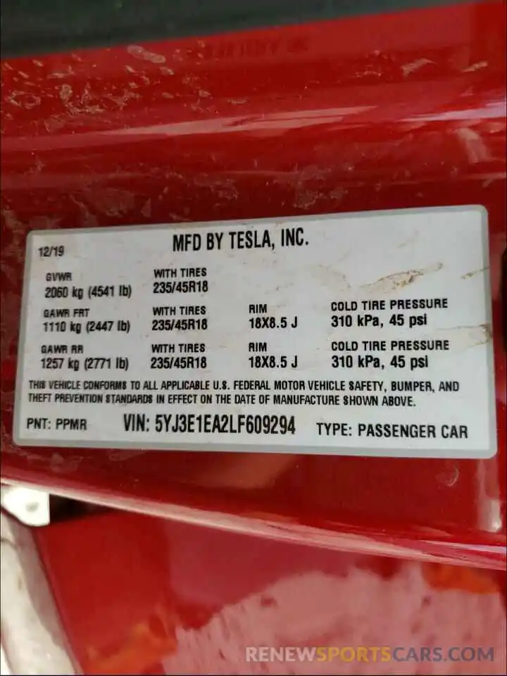 10 Фотография поврежденного автомобиля 5YJ3E1EA2LF609294 TESLA MODEL 3 2020