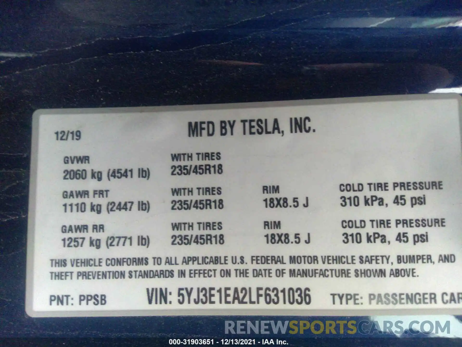 9 Photograph of a damaged car 5YJ3E1EA2LF631036 TESLA MODEL 3 2020