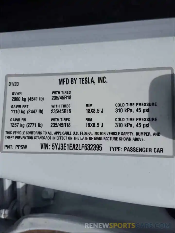 10 Фотография поврежденного автомобиля 5YJ3E1EA2LF632395 TESLA MODEL 3 2020