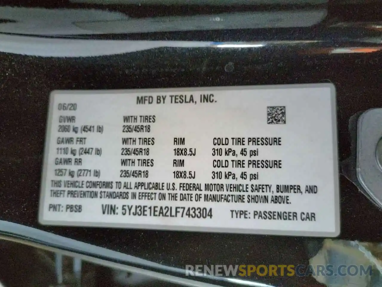 10 Photograph of a damaged car 5YJ3E1EA2LF743304 TESLA MODEL 3 2020