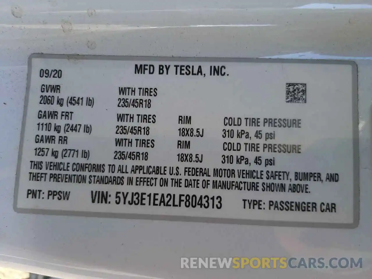 10 Photograph of a damaged car 5YJ3E1EA2LF804313 TESLA MODEL 3 2020