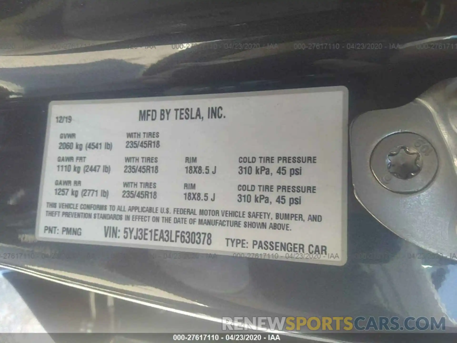 9 Photograph of a damaged car 5YJ3E1EA3LF630378 TESLA MODEL 3 2020