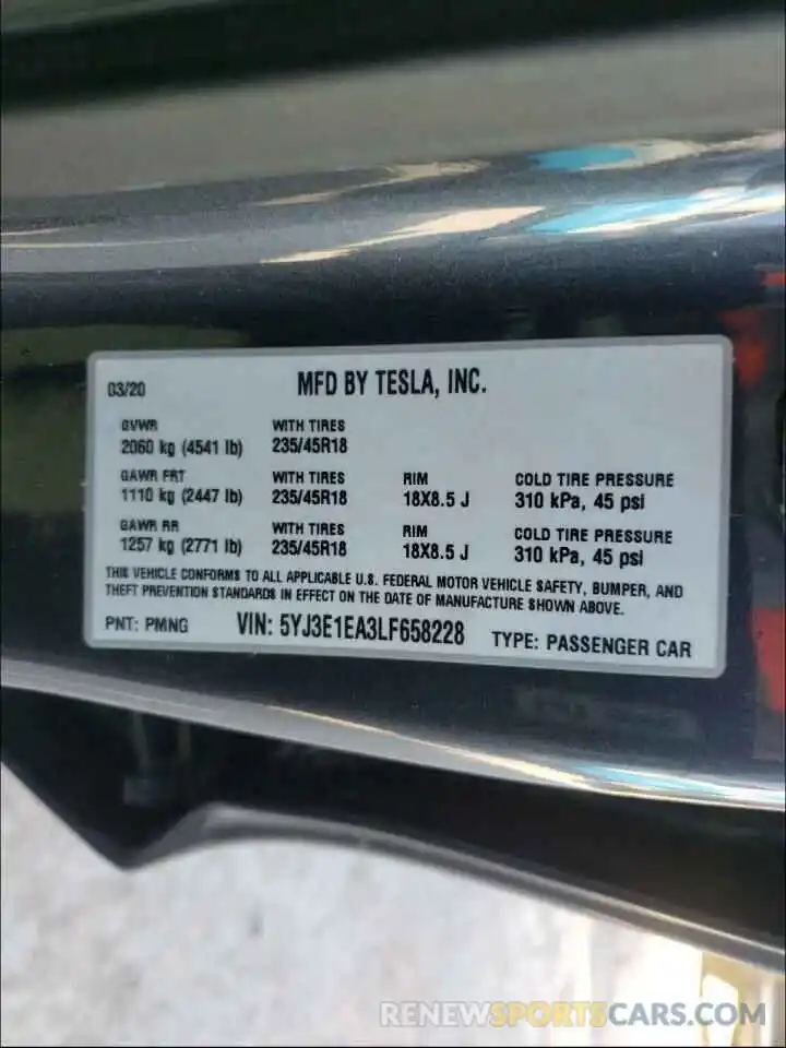 10 Фотография поврежденного автомобиля 5YJ3E1EA3LF658228 TESLA MODEL 3 2020