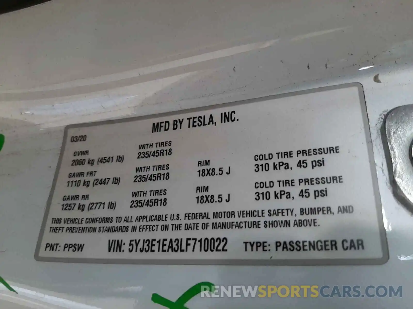 10 Photograph of a damaged car 5YJ3E1EA3LF710022 TESLA MODEL 3 2020