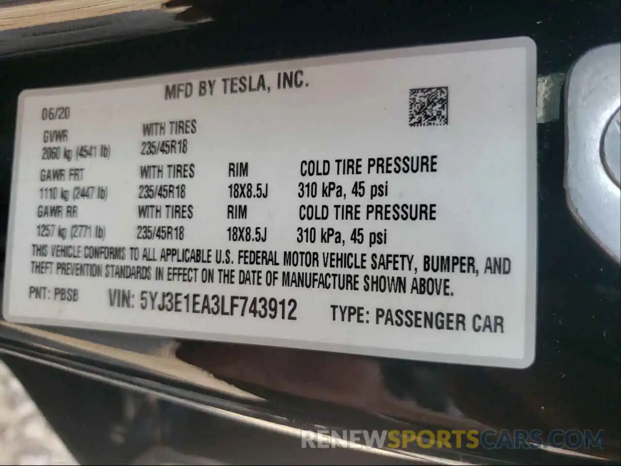 10 Photograph of a damaged car 5YJ3E1EA3LF743912 TESLA MODEL 3 2020