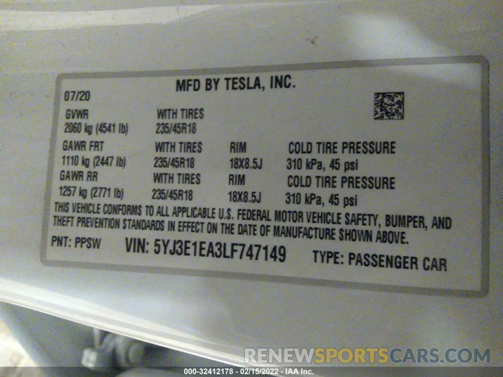 9 Photograph of a damaged car 5YJ3E1EA3LF747149 TESLA MODEL 3 2020