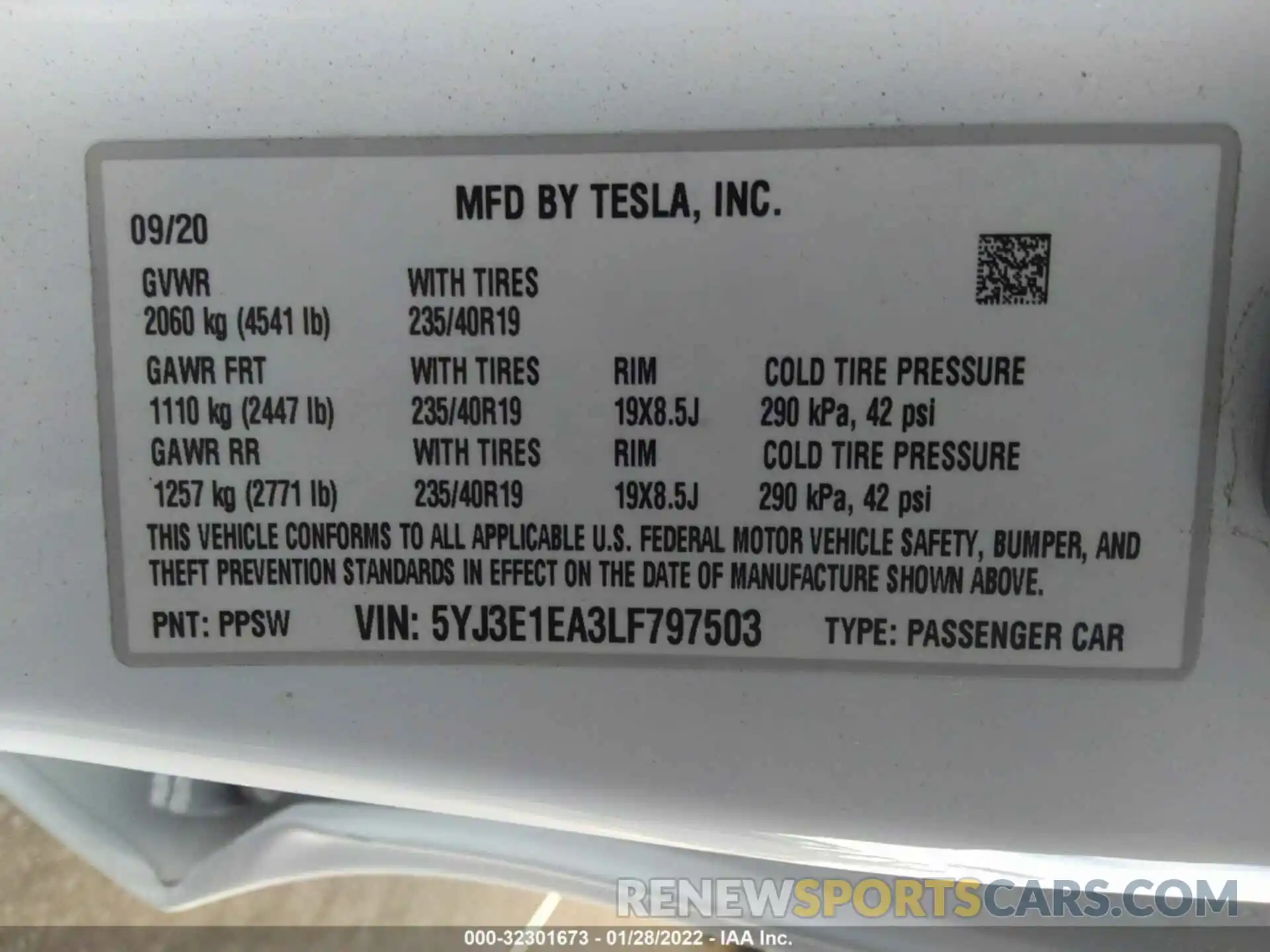 9 Фотография поврежденного автомобиля 5YJ3E1EA3LF797503 TESLA MODEL 3 2020