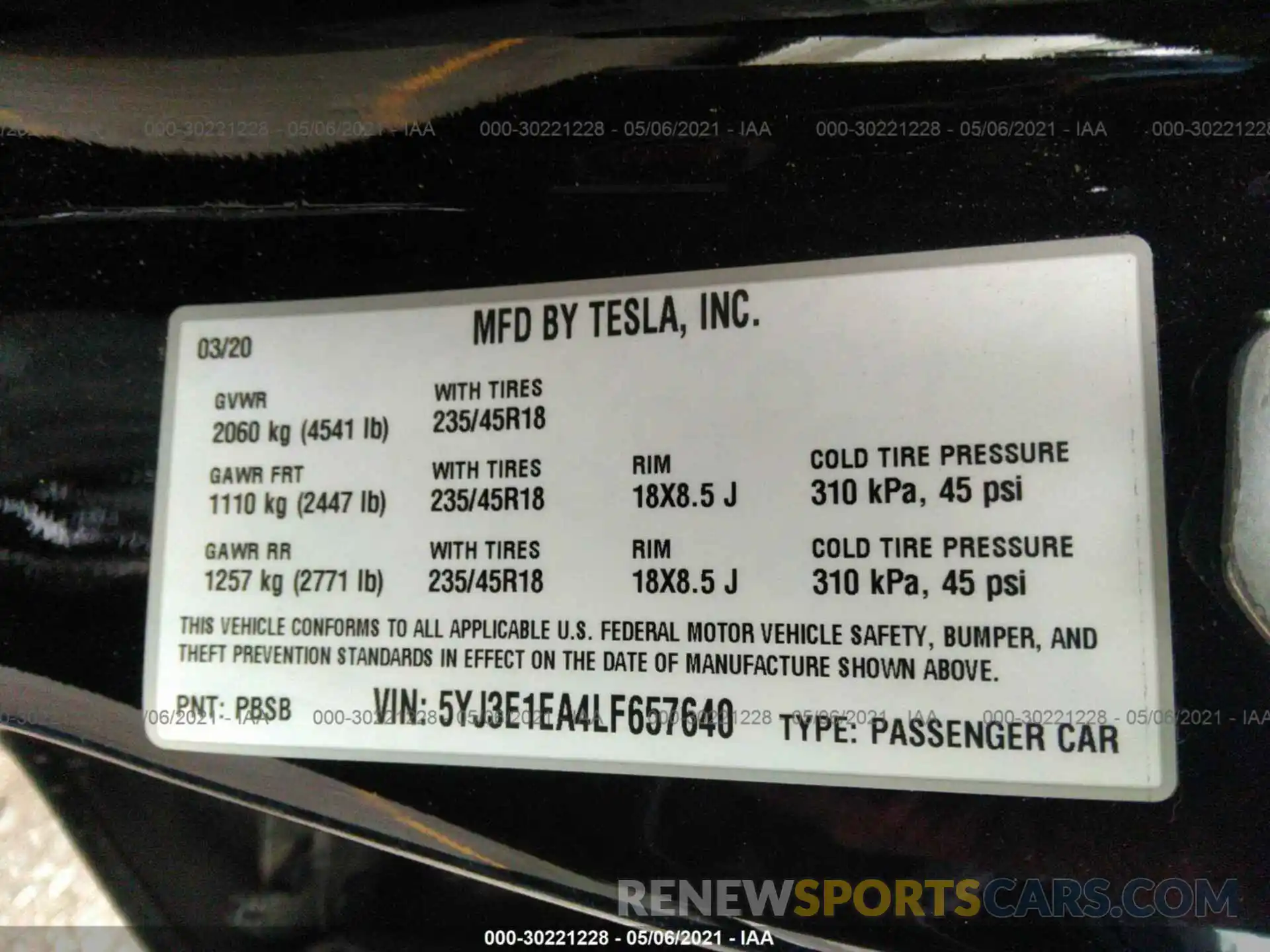 9 Фотография поврежденного автомобиля 5YJ3E1EA4LF657640 TESLA MODEL 3 2020