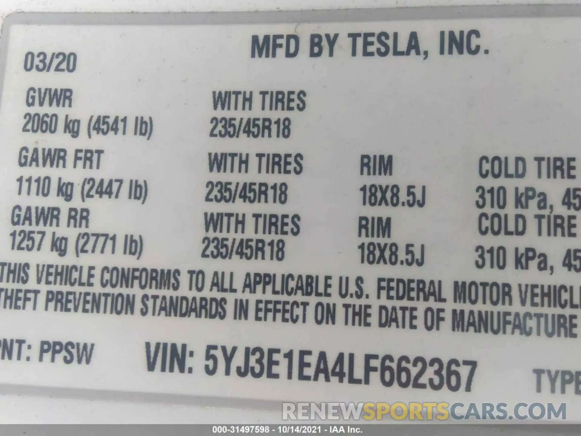 9 Фотография поврежденного автомобиля 5YJ3E1EA4LF662367 TESLA MODEL 3 2020