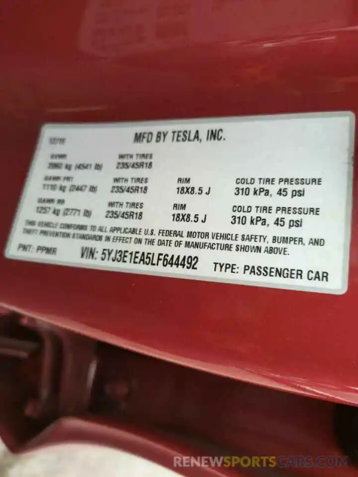 10 Фотография поврежденного автомобиля 5YJ3E1EA5LF644492 TESLA MODEL 3 2020