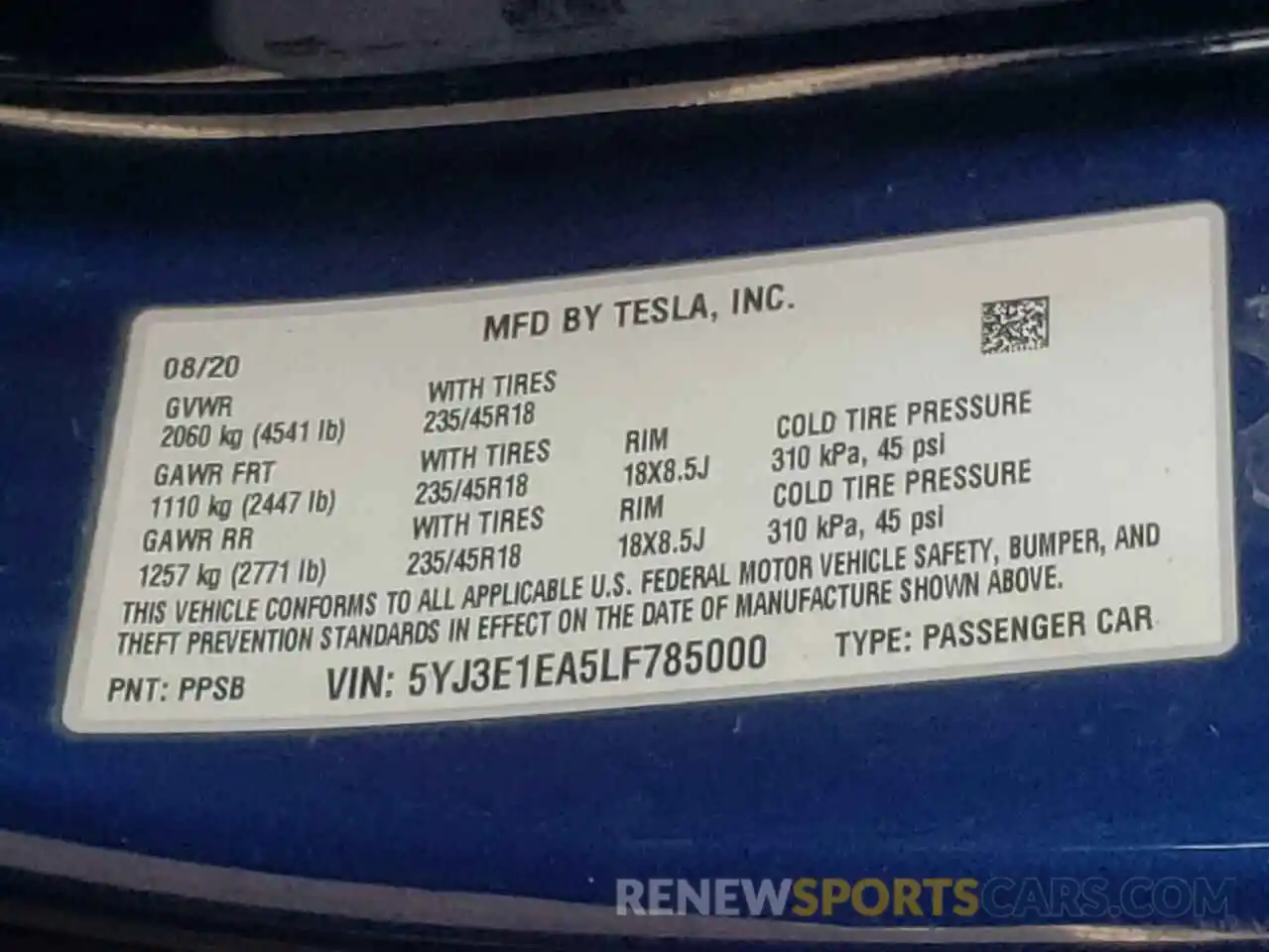 10 Photograph of a damaged car 5YJ3E1EA5LF785000 TESLA MODEL 3 2020