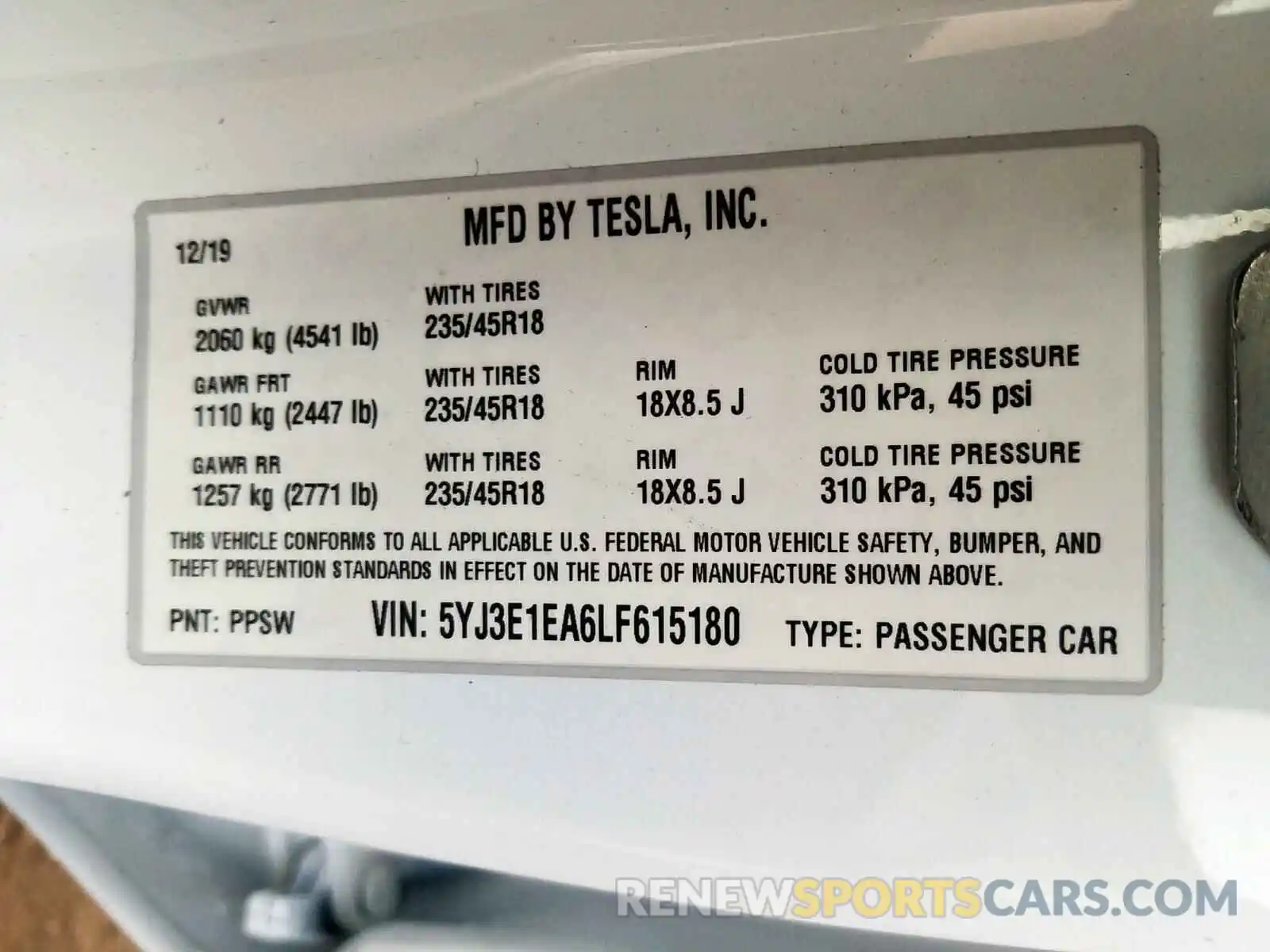 10 Фотография поврежденного автомобиля 5YJ3E1EA6LF615180 TESLA MODEL 3 2020