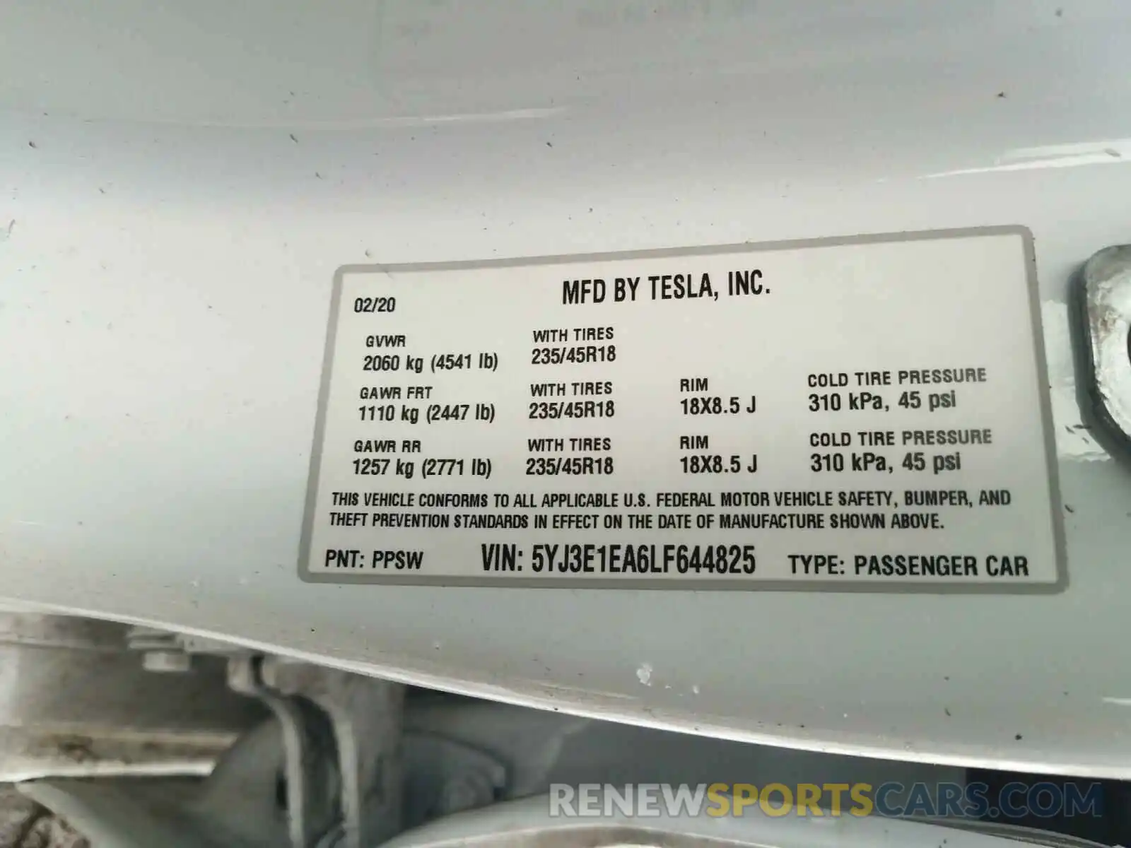 10 Фотография поврежденного автомобиля 5YJ3E1EA6LF644825 TESLA MODEL 3 2020