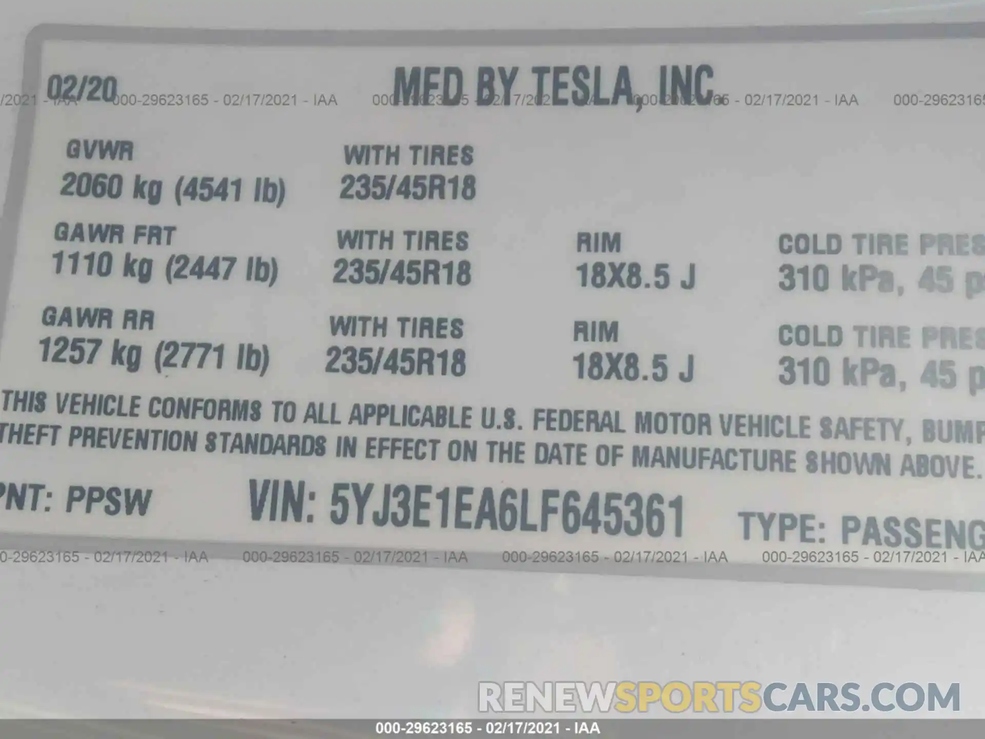 9 Фотография поврежденного автомобиля 5YJ3E1EA6LF645361 TESLA MODEL 3 2020