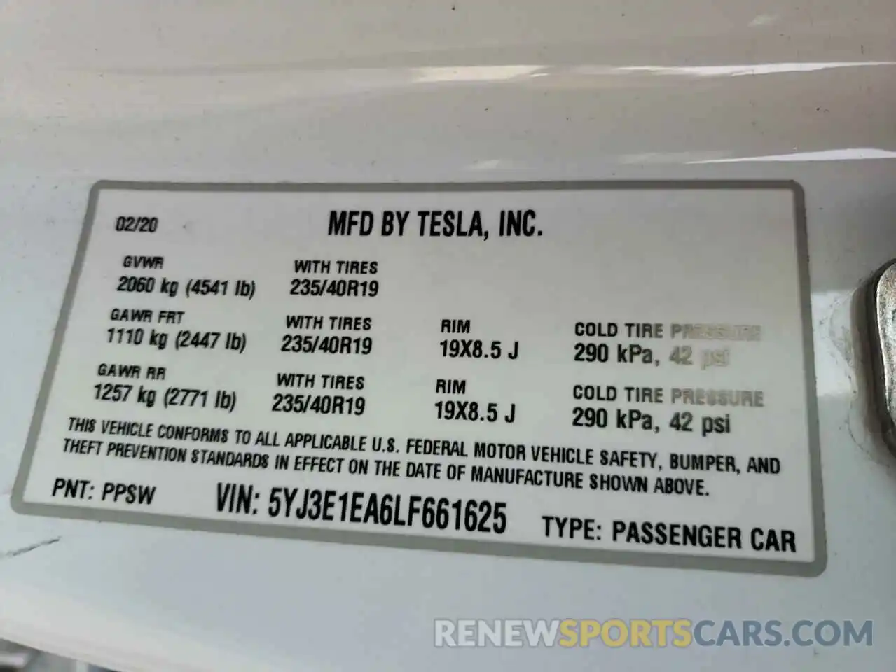 10 Photograph of a damaged car 5YJ3E1EA6LF661625 TESLA MODEL 3 2020