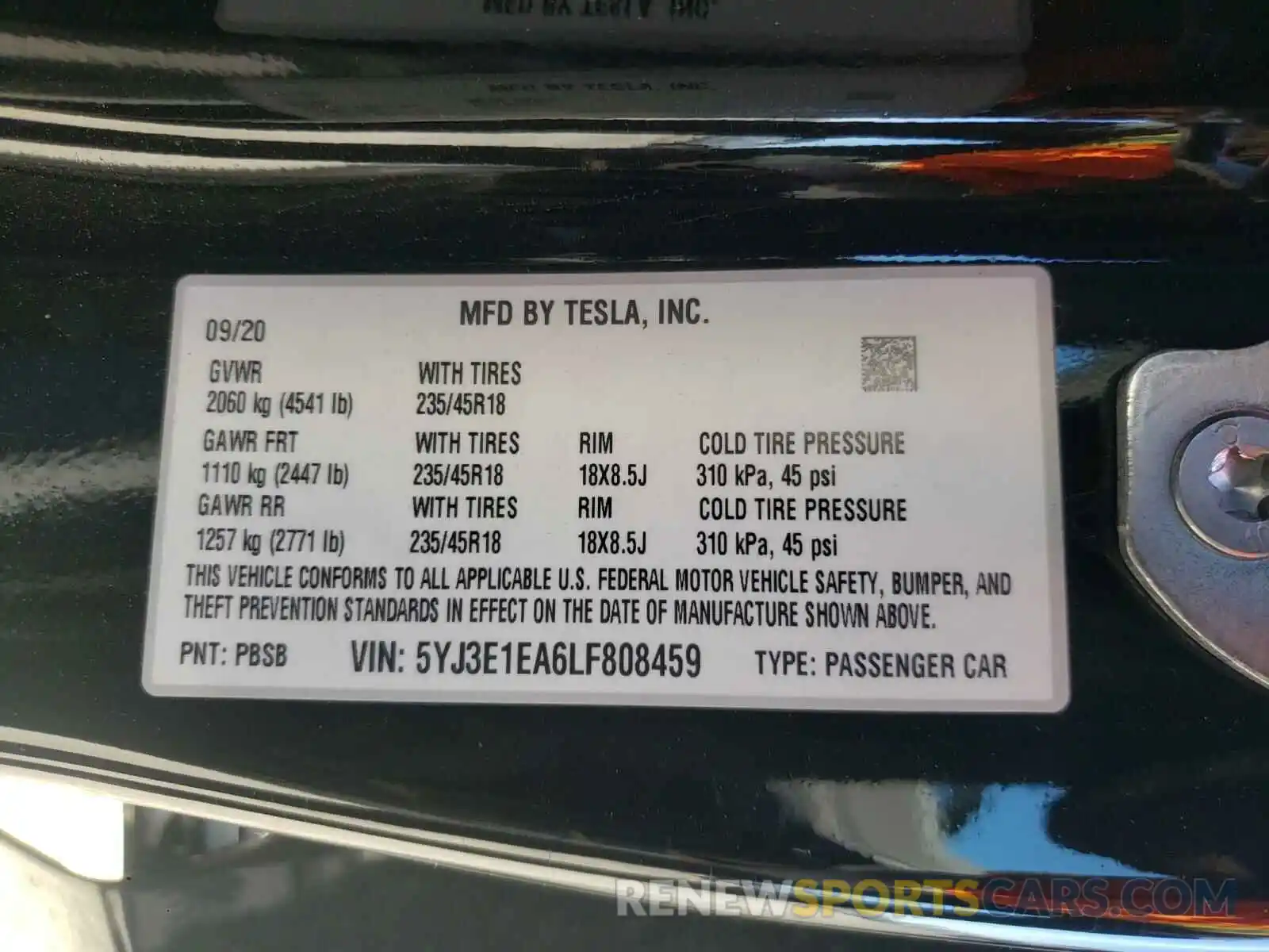 10 Photograph of a damaged car 5YJ3E1EA6LF808459 TESLA MODEL 3 2020