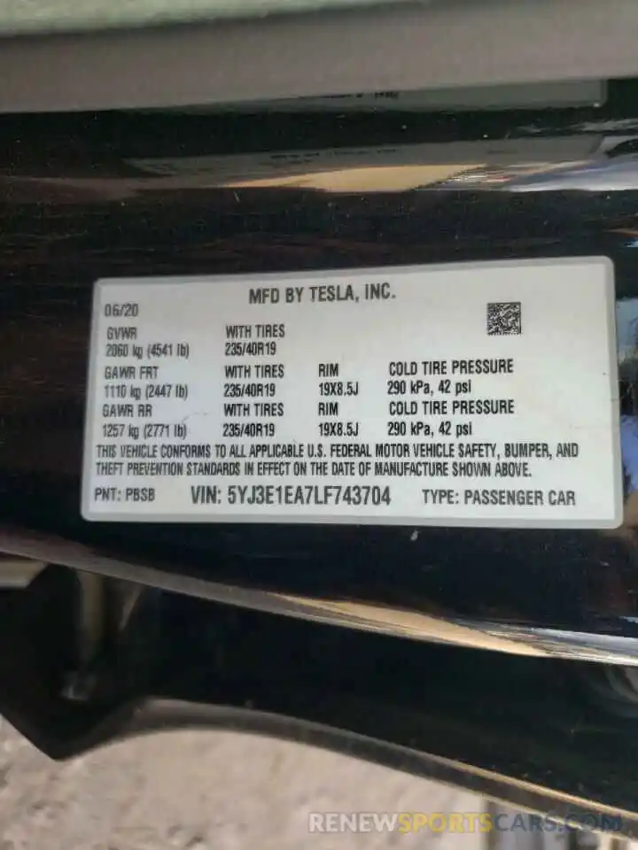 10 Photograph of a damaged car 5YJ3E1EA7LF743704 TESLA MODEL 3 2020