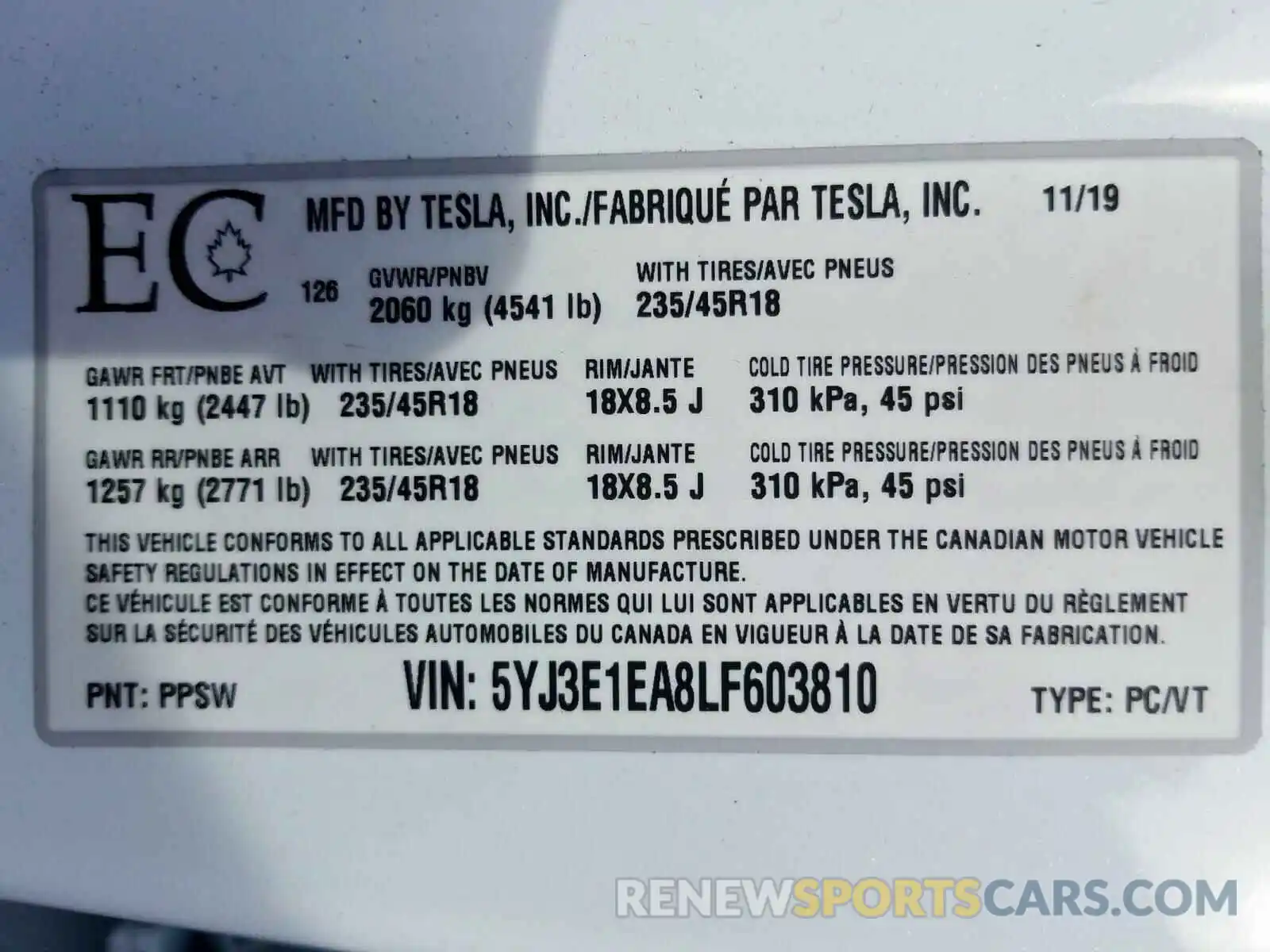 10 Photograph of a damaged car 5YJ3E1EA8LF603810 TESLA MODEL 3 2020