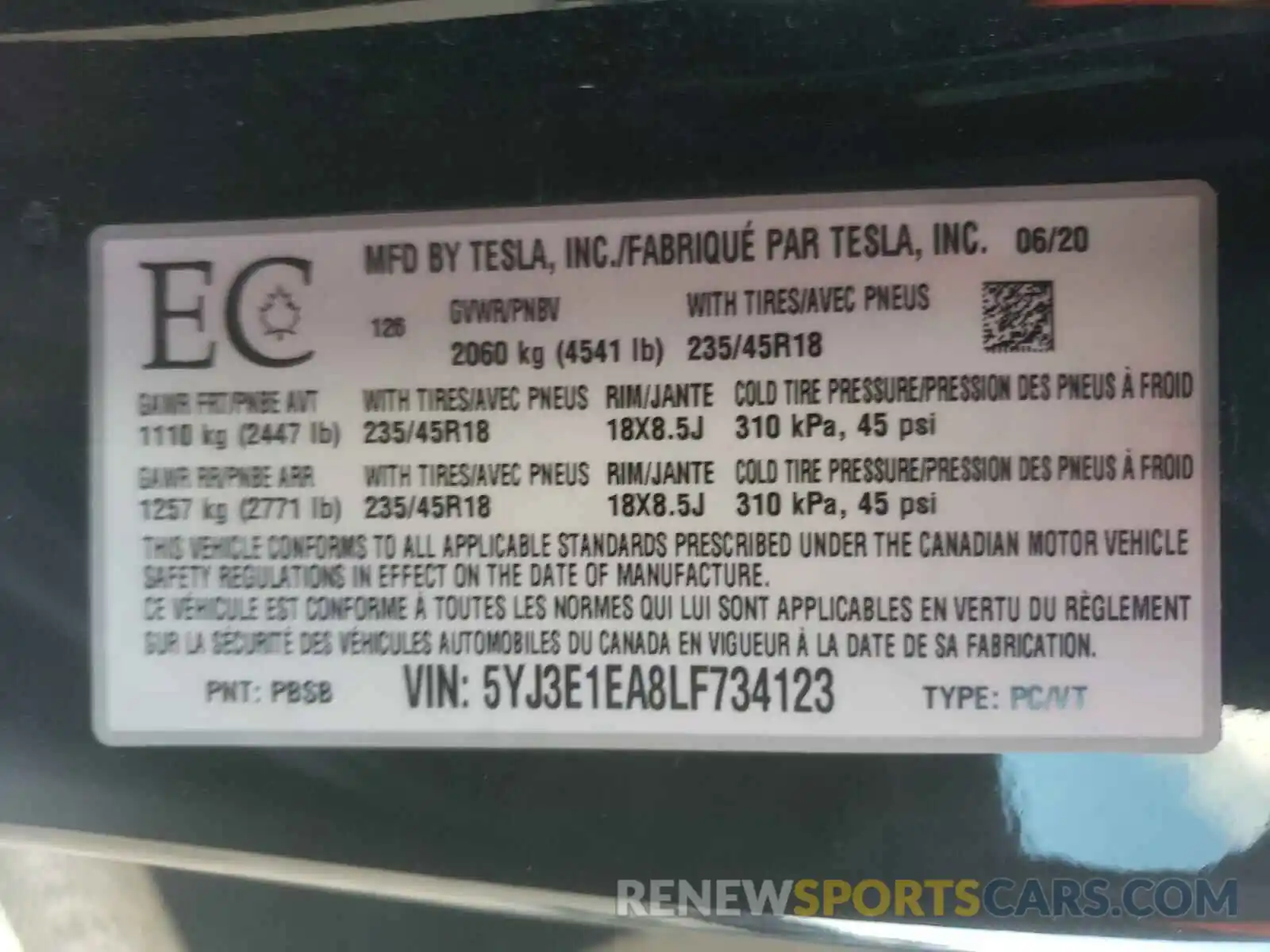 10 Фотография поврежденного автомобиля 5YJ3E1EA8LF734123 TESLA MODEL 3 2020