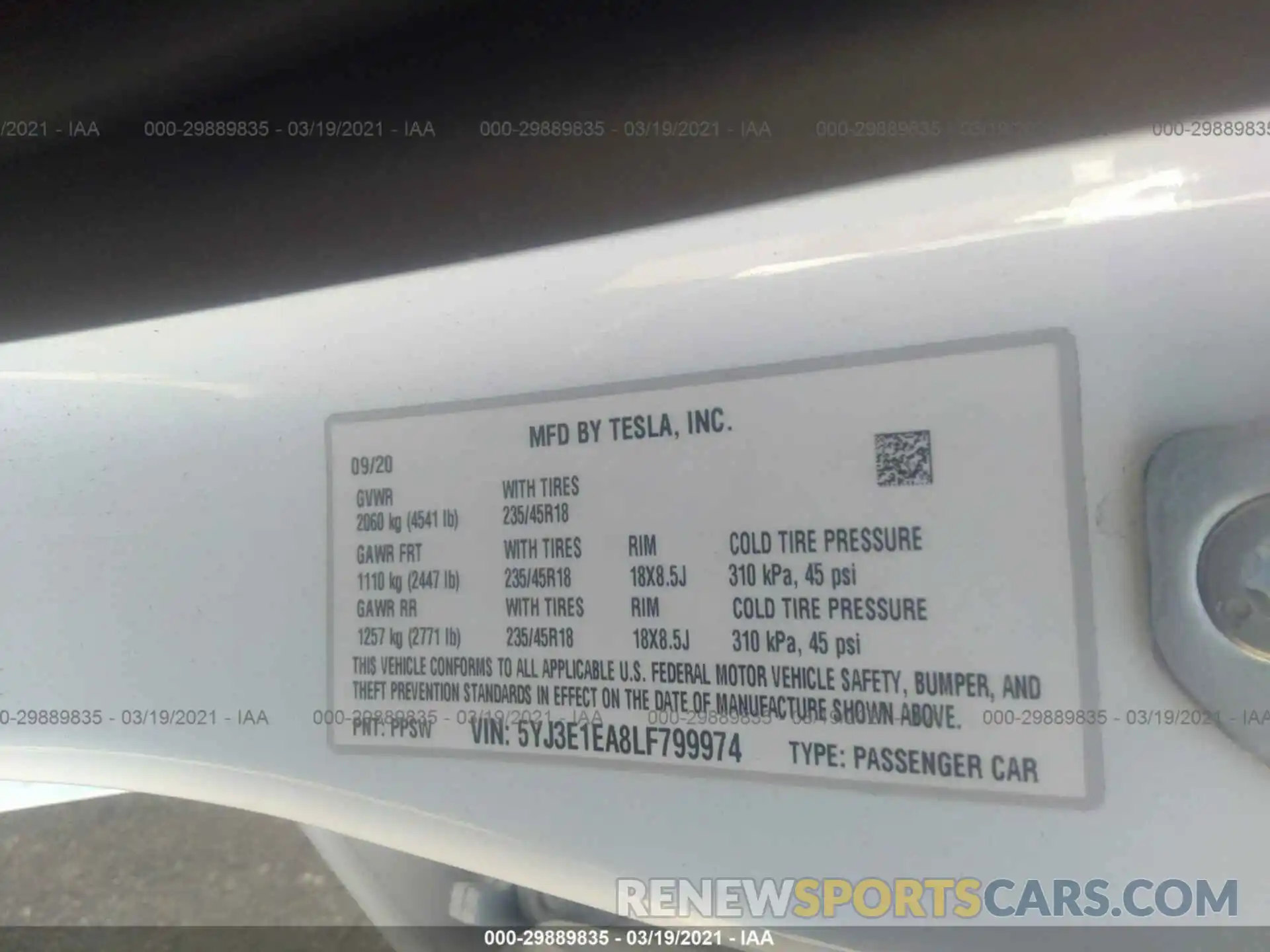 9 Photograph of a damaged car 5YJ3E1EA8LF799974 TESLA MODEL 3 2020