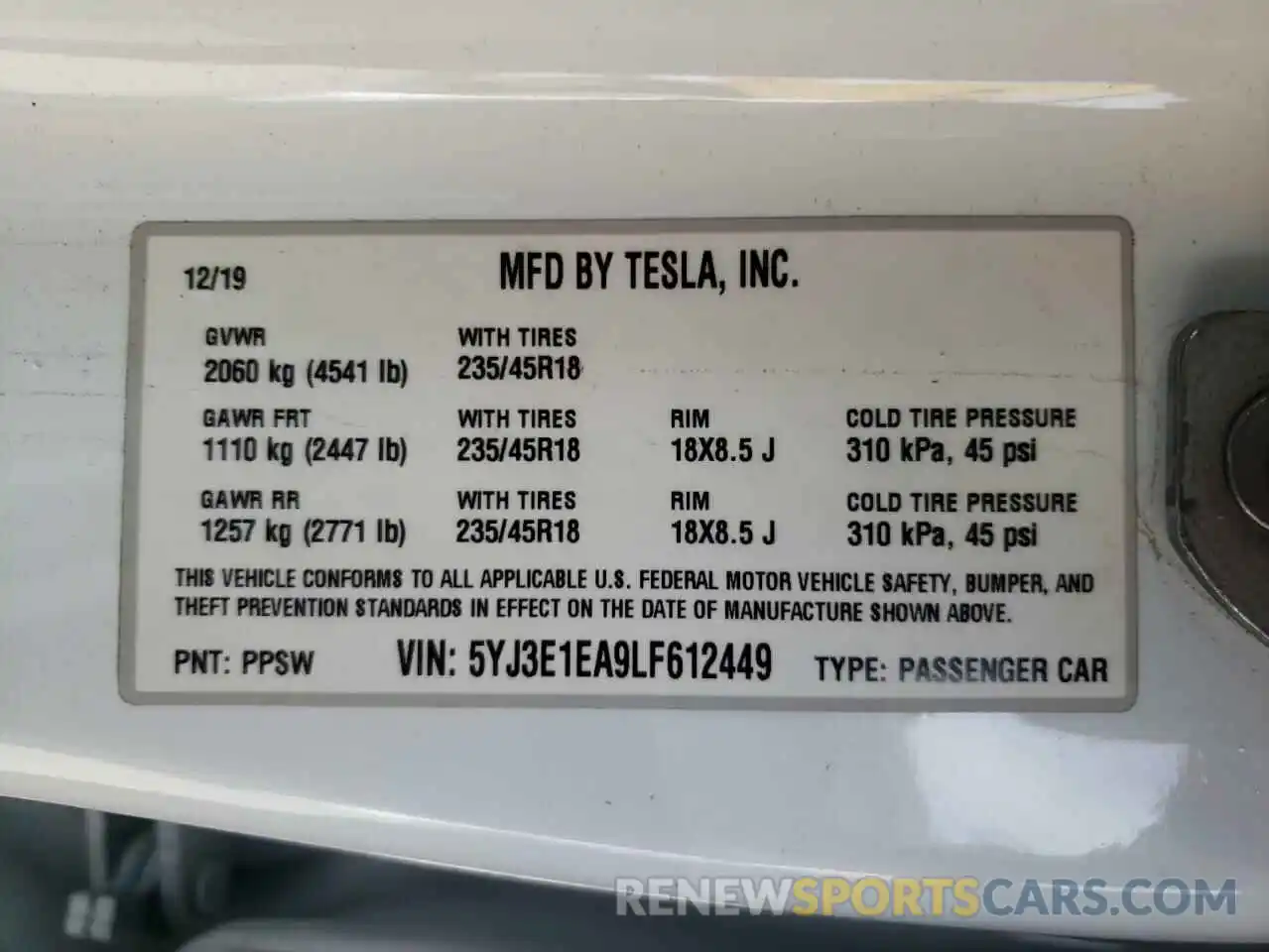 10 Фотография поврежденного автомобиля 5YJ3E1EA9LF612449 TESLA MODEL 3 2020