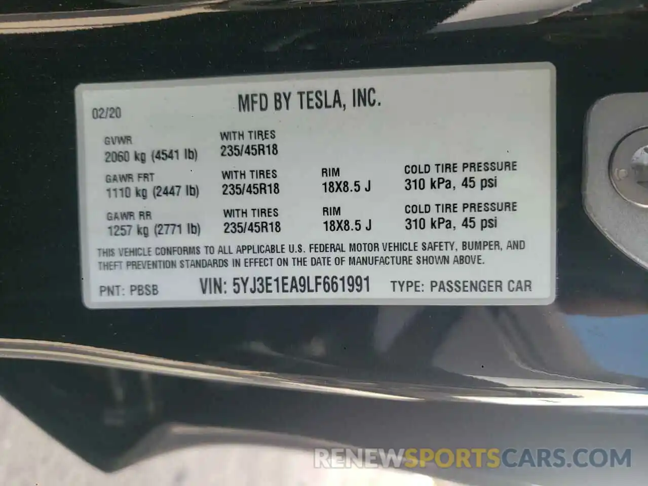 10 Фотография поврежденного автомобиля 5YJ3E1EA9LF661991 TESLA MODEL 3 2020