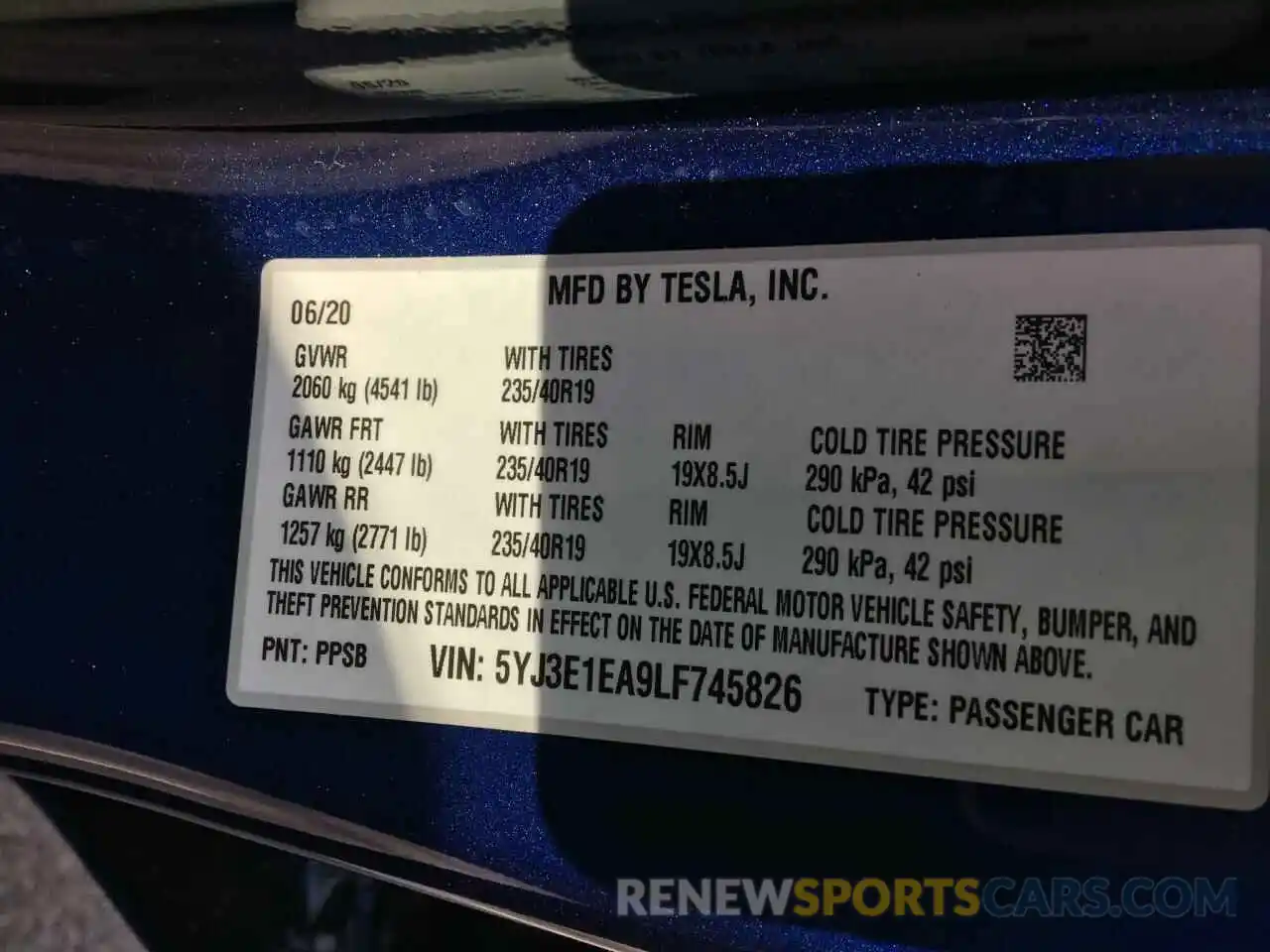 10 Photograph of a damaged car 5YJ3E1EA9LF745826 TESLA MODEL 3 2020