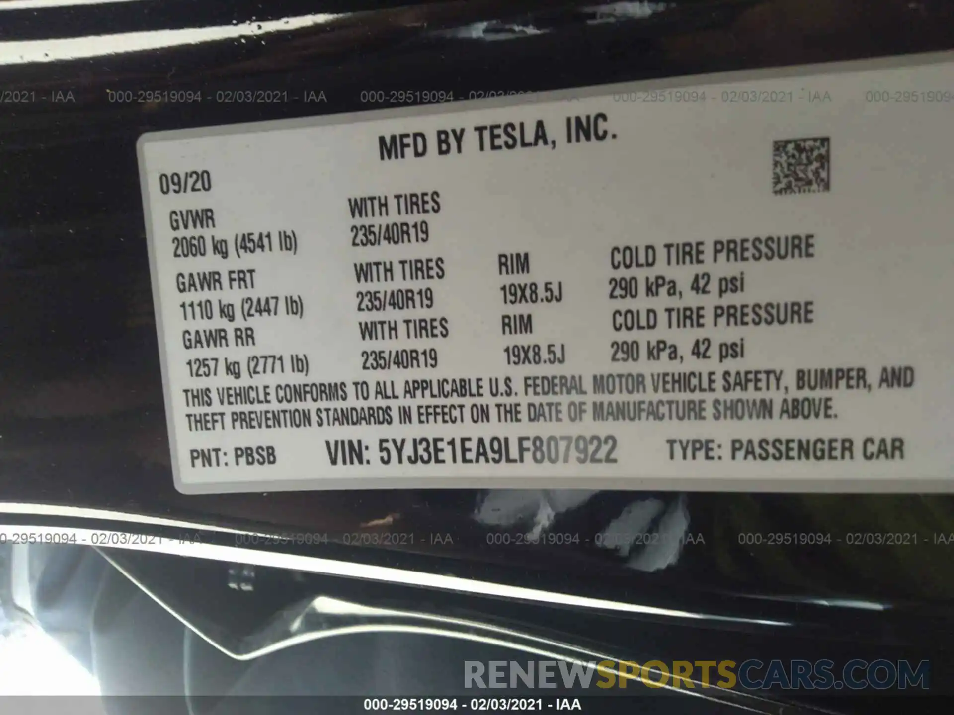 9 Photograph of a damaged car 5YJ3E1EA9LF807922 TESLA MODEL 3 2020