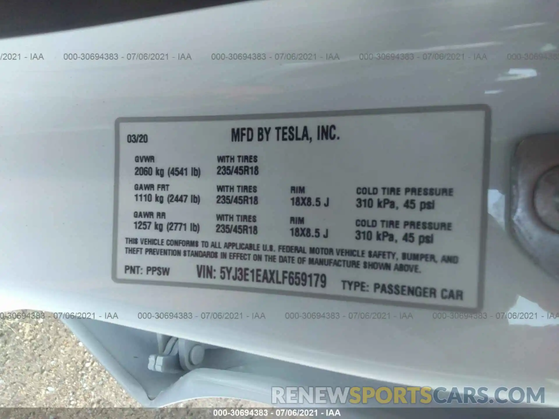 9 Фотография поврежденного автомобиля 5YJ3E1EAXLF659179 TESLA MODEL 3 2020