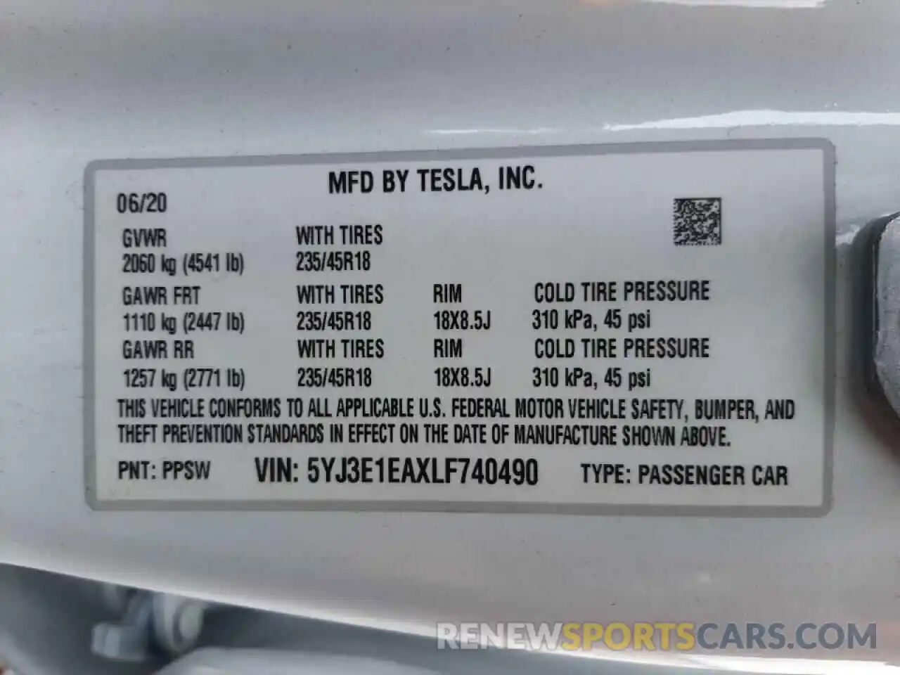 10 Фотография поврежденного автомобиля 5YJ3E1EAXLF740490 TESLA MODEL 3 2020