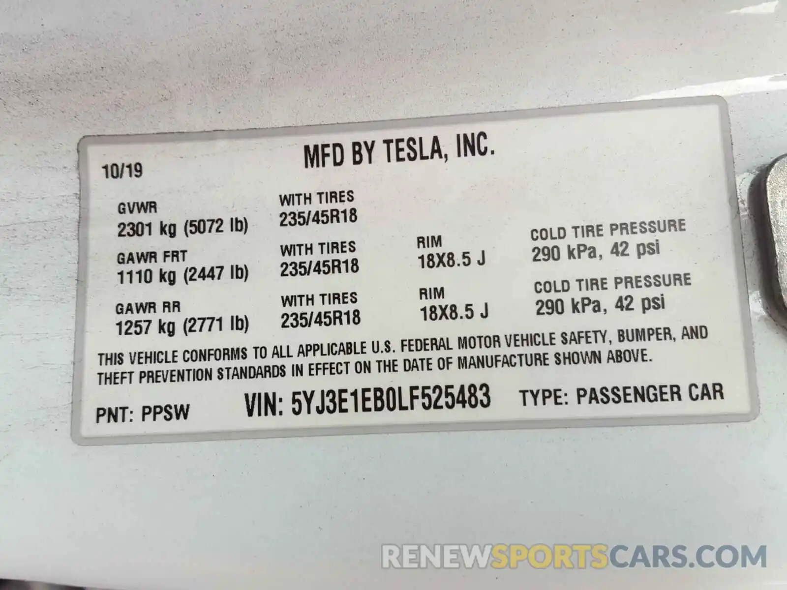 10 Фотография поврежденного автомобиля 5YJ3E1EB0LF525483 TESLA MODEL 3 2020