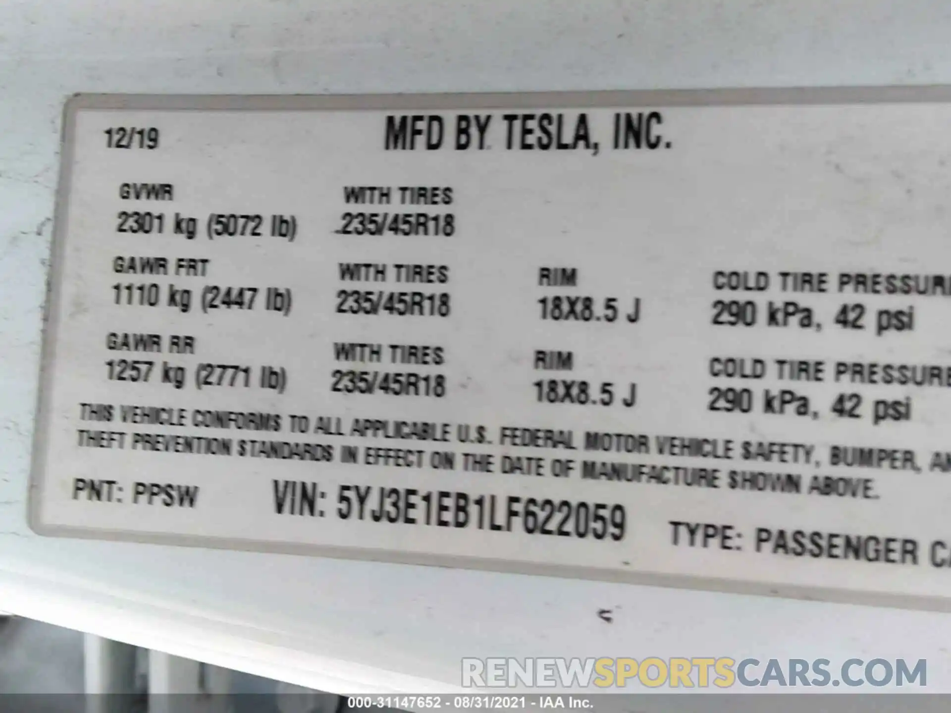 9 Фотография поврежденного автомобиля 5YJ3E1EB1LF622059 TESLA MODEL 3 2020