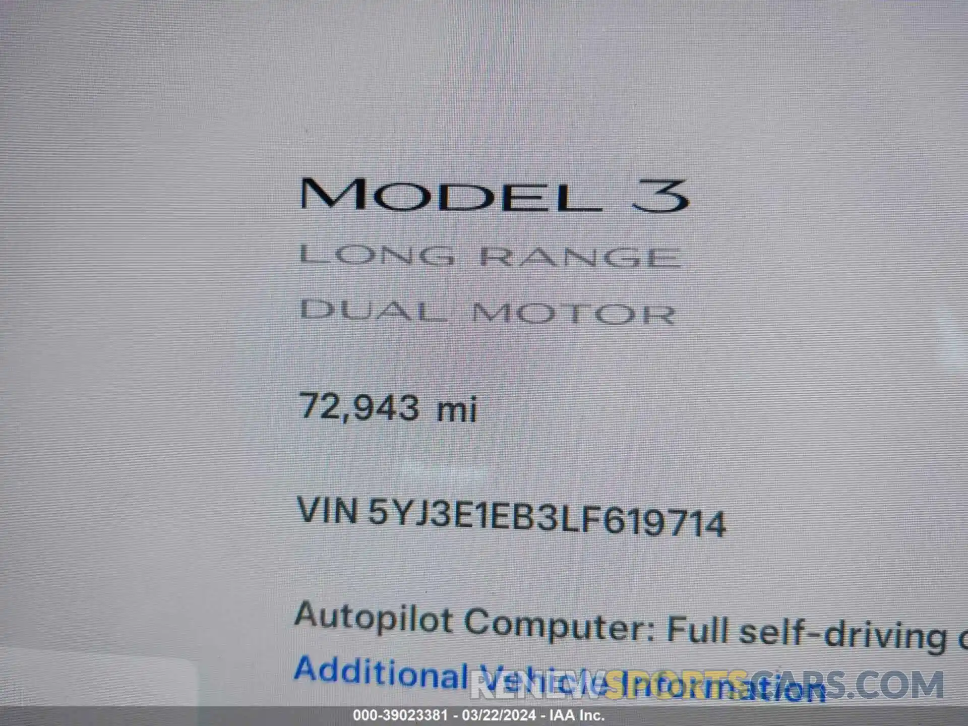 14 Фотография поврежденного автомобиля 5YJ3E1EB3LF619714 TESLA MODEL 3 2020