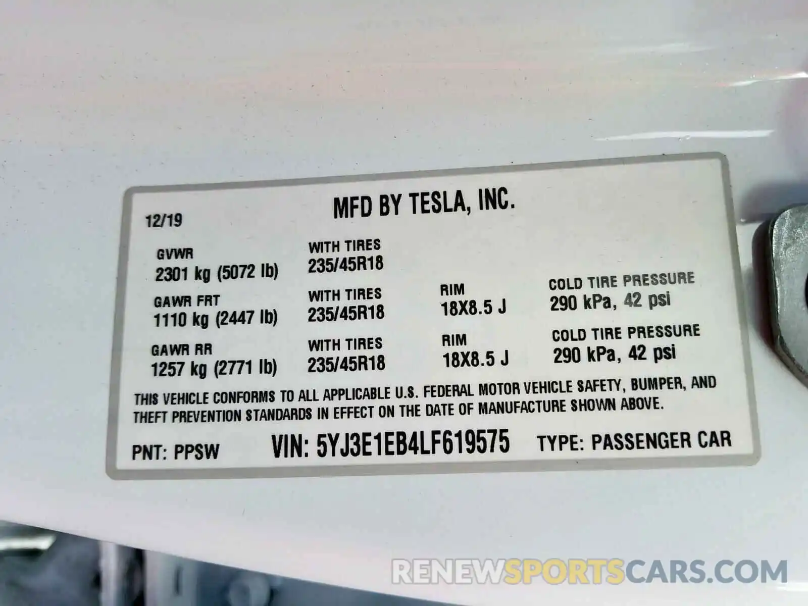 10 Фотография поврежденного автомобиля 5YJ3E1EB4LF619575 TESLA MODEL 3 2020