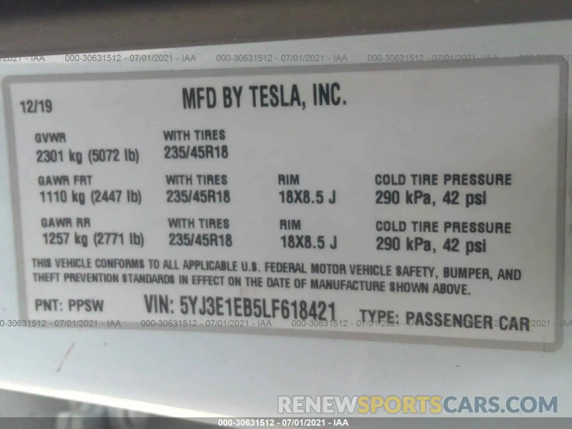 9 Photograph of a damaged car 5YJ3E1EB5LF618421 TESLA MODEL 3 2020