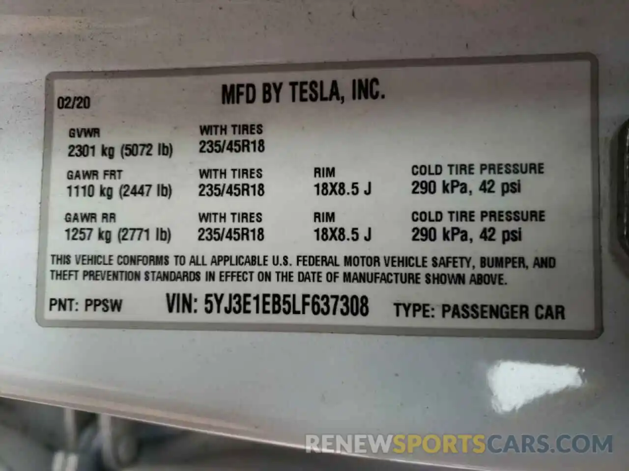 10 Фотография поврежденного автомобиля 5YJ3E1EB5LF637308 TESLA MODEL 3 2020