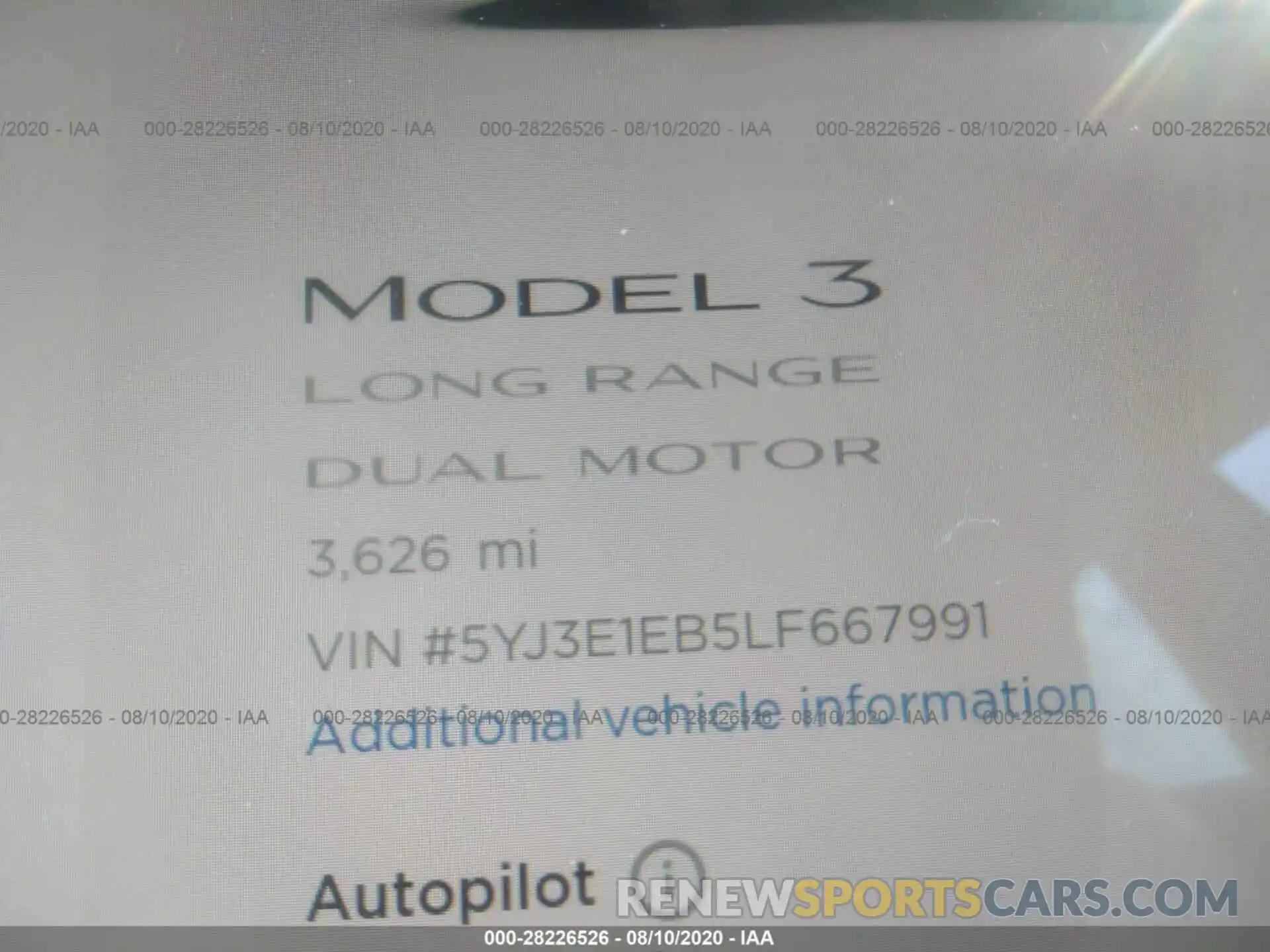 7 Фотография поврежденного автомобиля 5YJ3E1EB5LF667991 TESLA MODEL 3 2020