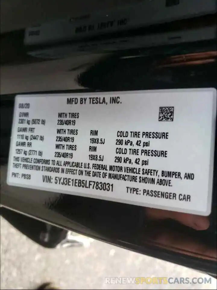 10 Photograph of a damaged car 5YJ3E1EB5LF783031 TESLA MODEL 3 2020