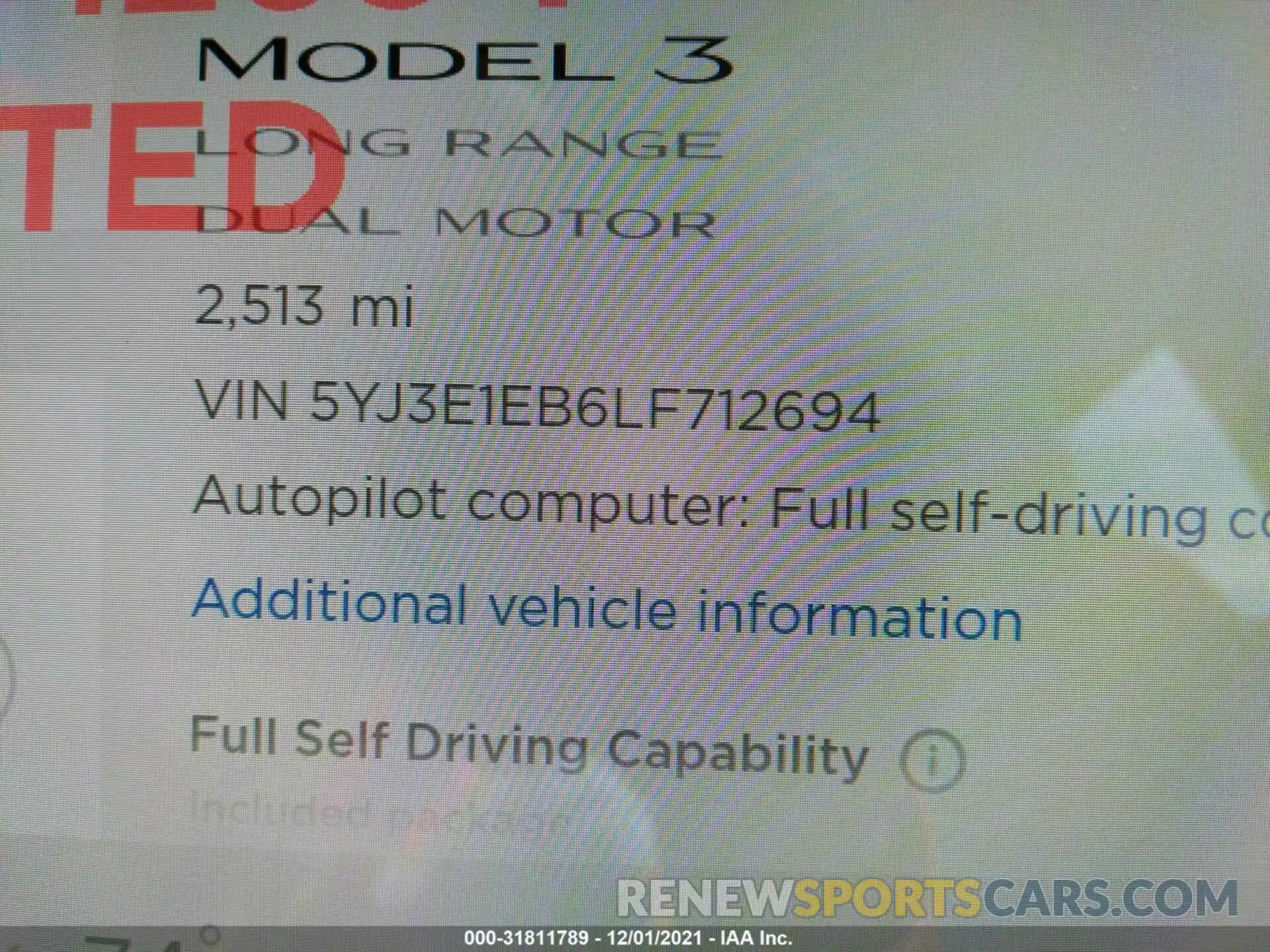 7 Фотография поврежденного автомобиля 5YJ3E1EB6LF712694 TESLA MODEL 3 2020