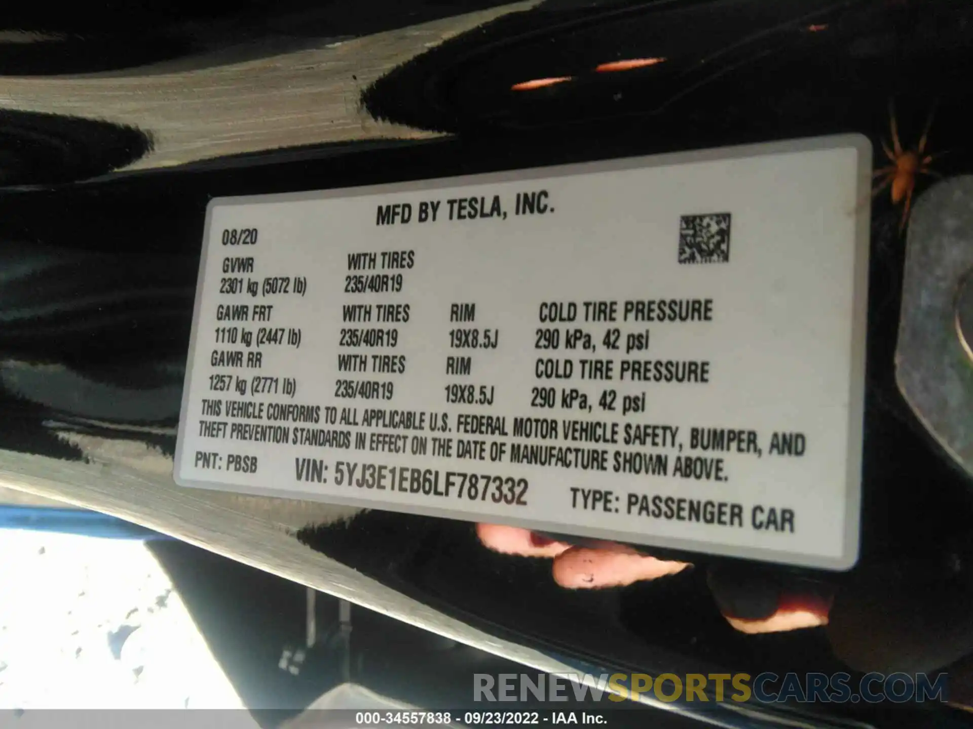 9 Photograph of a damaged car 5YJ3E1EB6LF787332 TESLA MODEL 3 2020