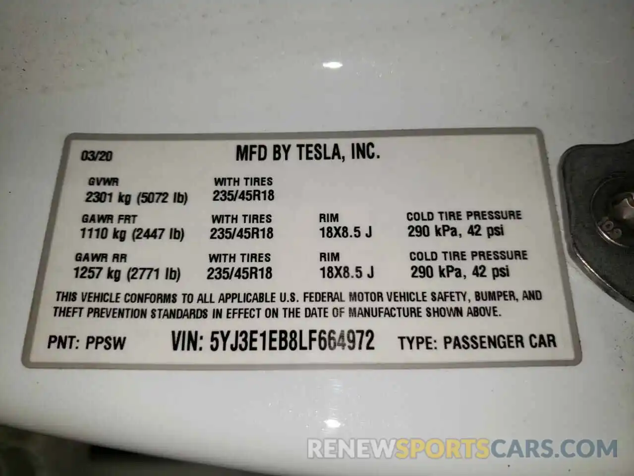 10 Photograph of a damaged car 5YJ3E1EB8LF664972 TESLA MODEL 3 2020