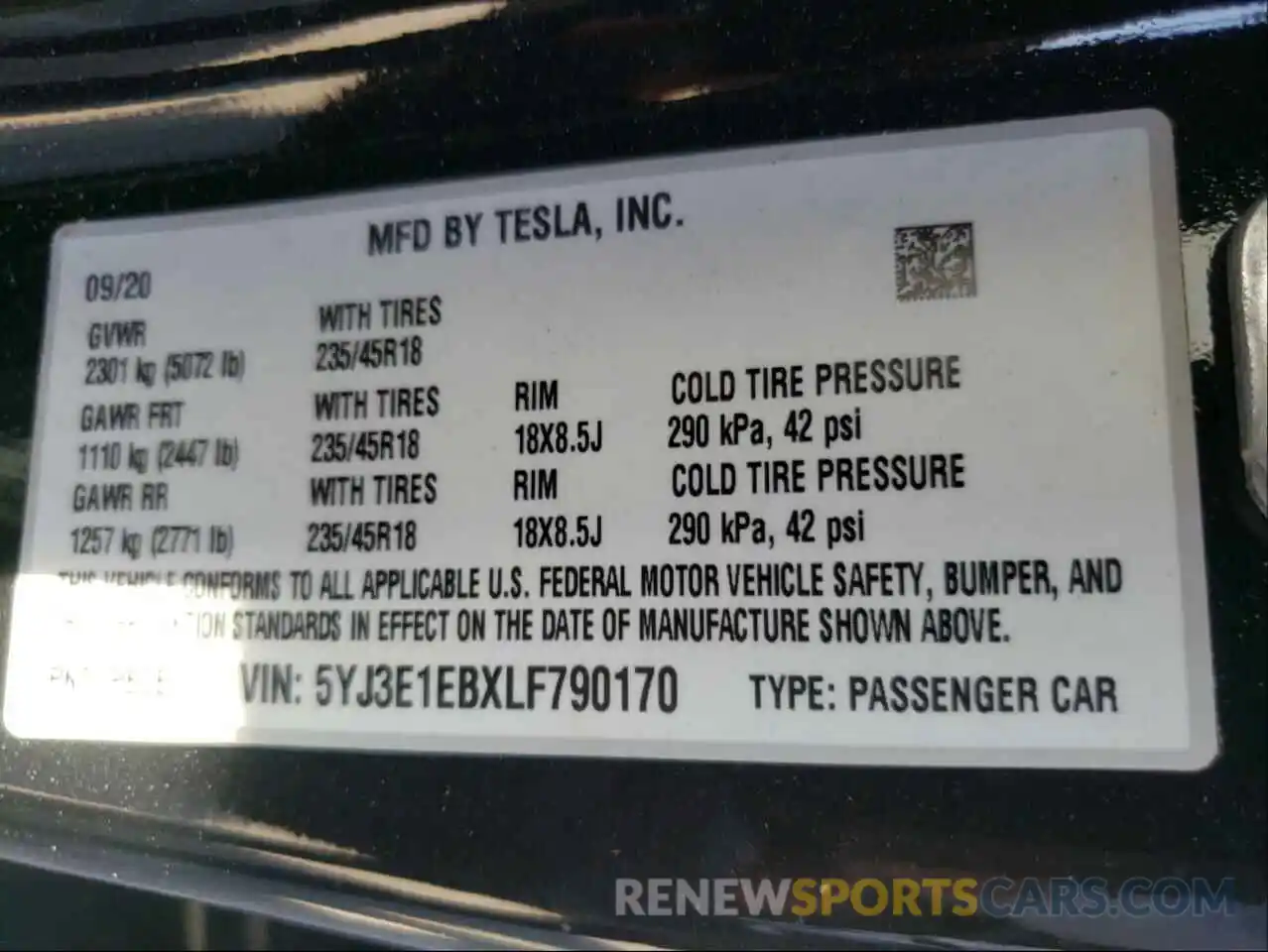 10 Photograph of a damaged car 5YJ3E1EBXLF790170 TESLA MODEL 3 2020