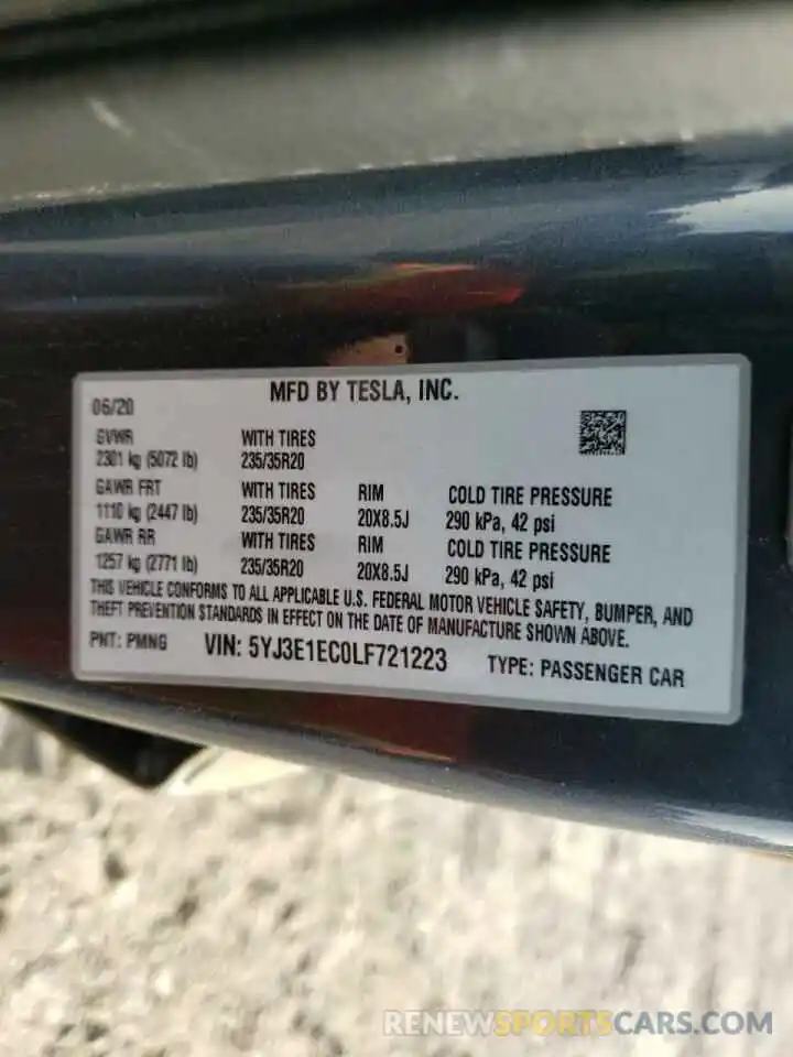 10 Photograph of a damaged car 5YJ3E1EC0LF721223 TESLA MODEL 3 2020