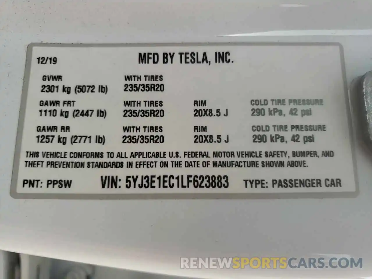 10 Photograph of a damaged car 5YJ3E1EC1LF623883 TESLA MODEL 3 2020