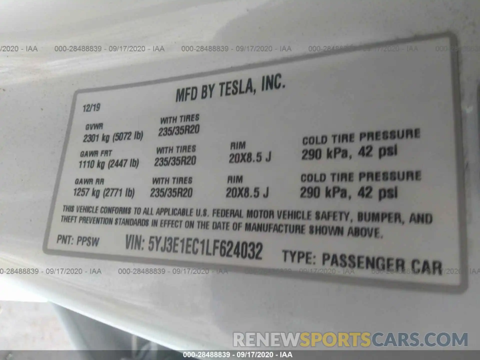 9 Фотография поврежденного автомобиля 5YJ3E1EC1LF624032 TESLA MODEL 3 2020