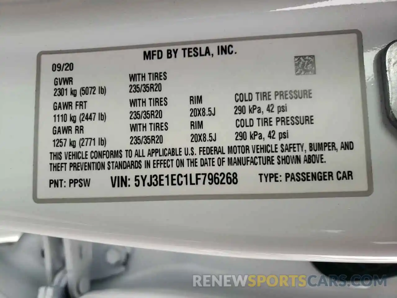 10 Фотография поврежденного автомобиля 5YJ3E1EC1LF796268 TESLA MODEL 3 2020