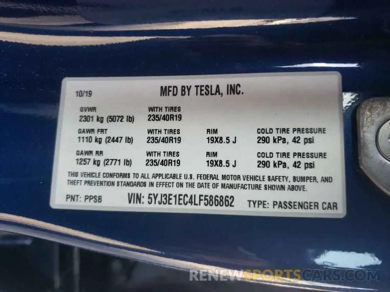 10 Фотография поврежденного автомобиля 5YJ3E1EC4LF586862 TESLA MODEL 3 2020