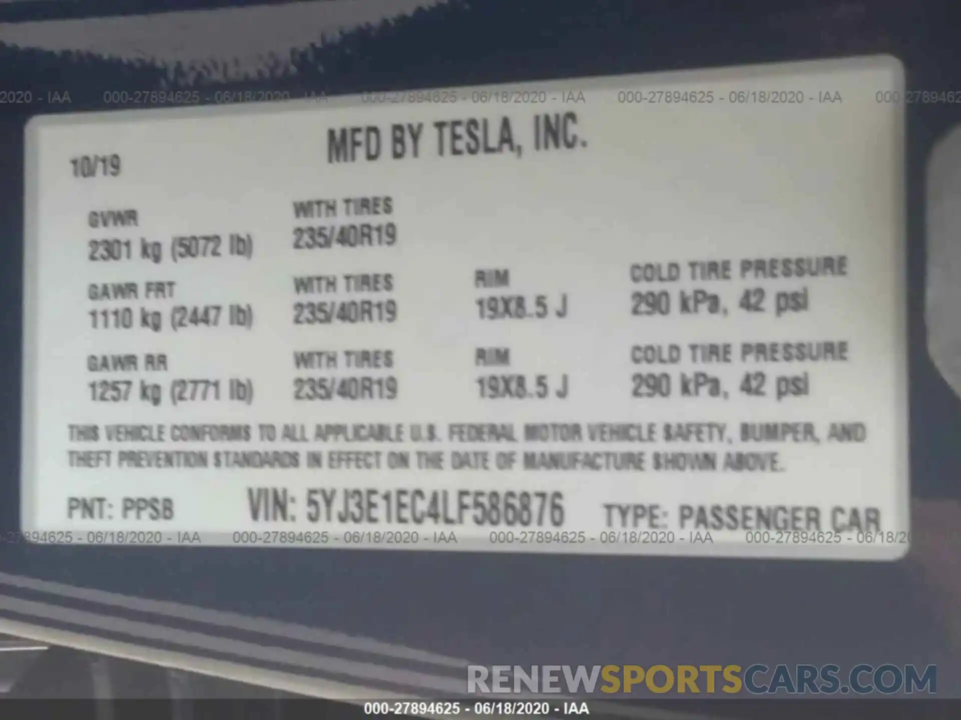 9 Фотография поврежденного автомобиля 5YJ3E1EC4LF586876 TESLA MODEL 3 2020