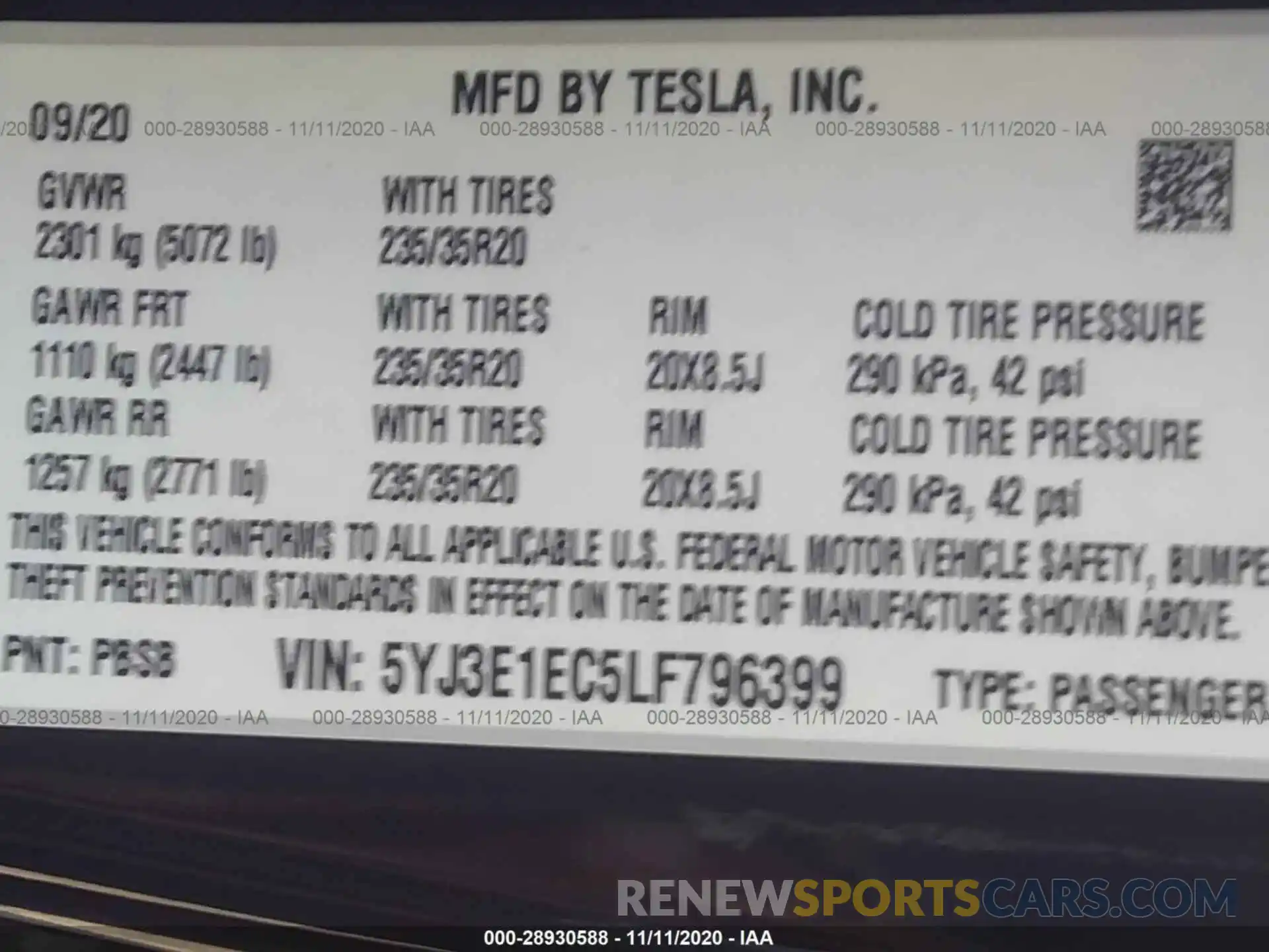 9 Photograph of a damaged car 5YJ3E1EC5LF796399 TESLA MODEL 3 2020